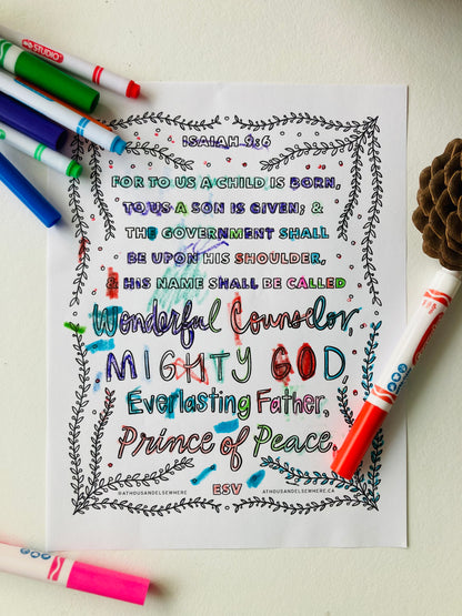 Colouring Page - Christmas, Isaiah 9:6 Names of Jesus